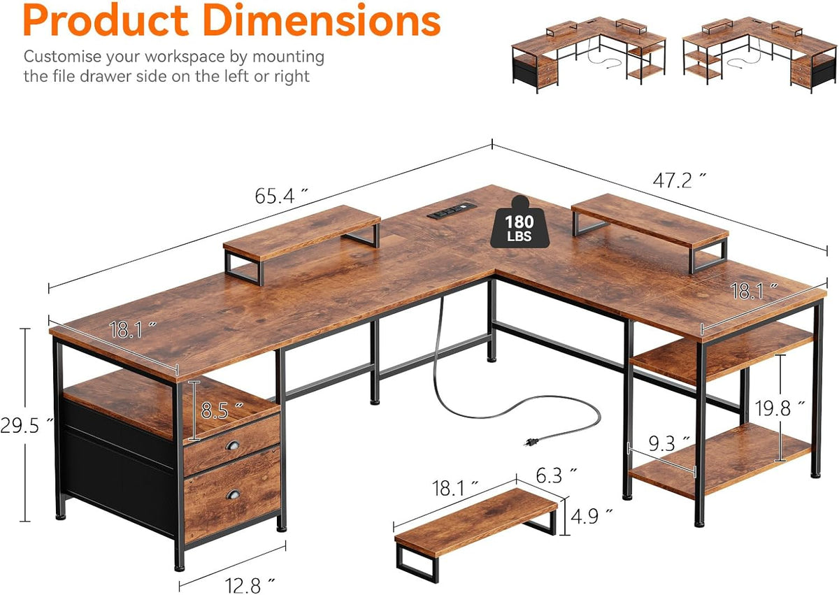 66'' L Shaped Desk with Power Outlet and 2 Drawers, Rustic Brown