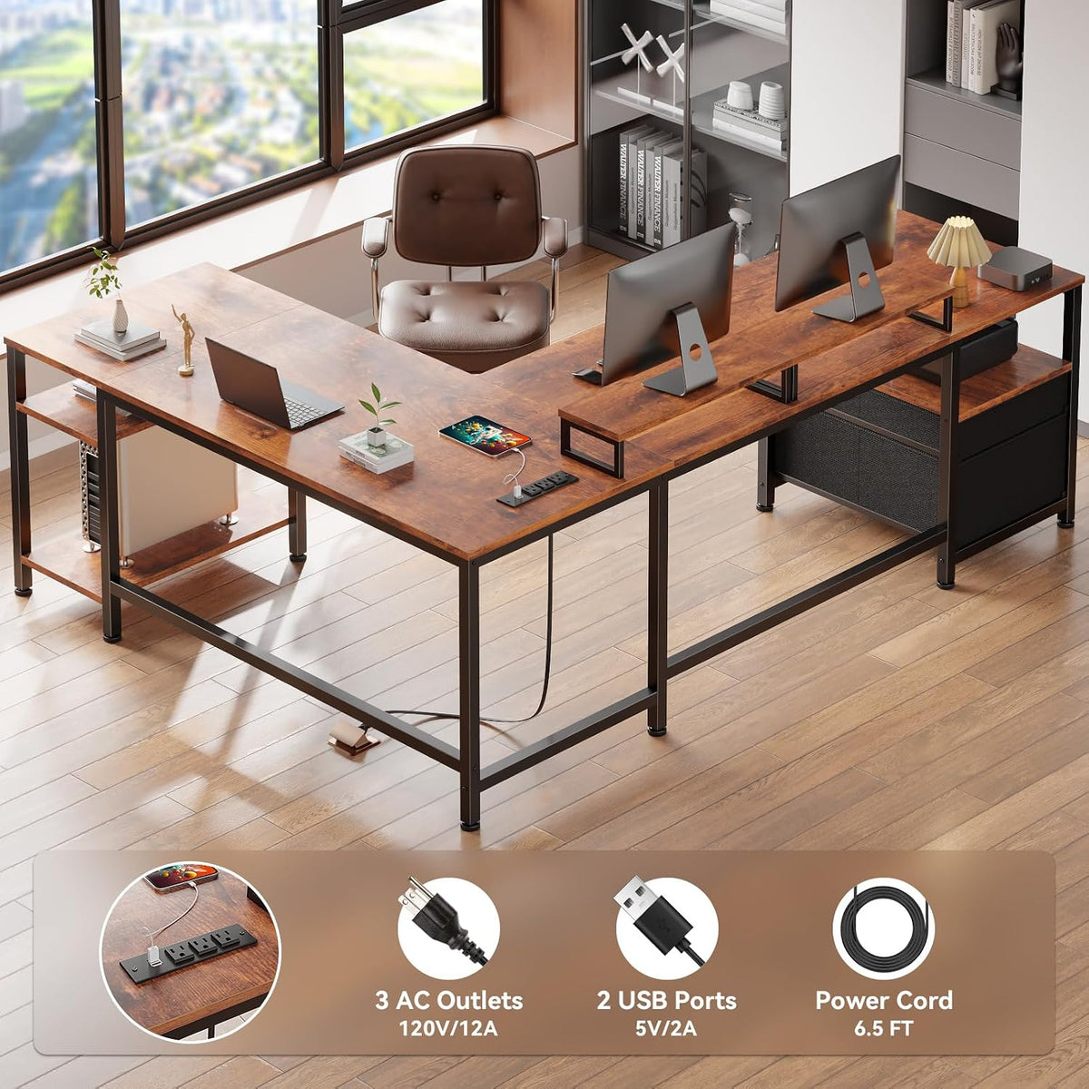 66'' L Shaped Desk with Power Outlet and 2 Drawers, Rustic Brown