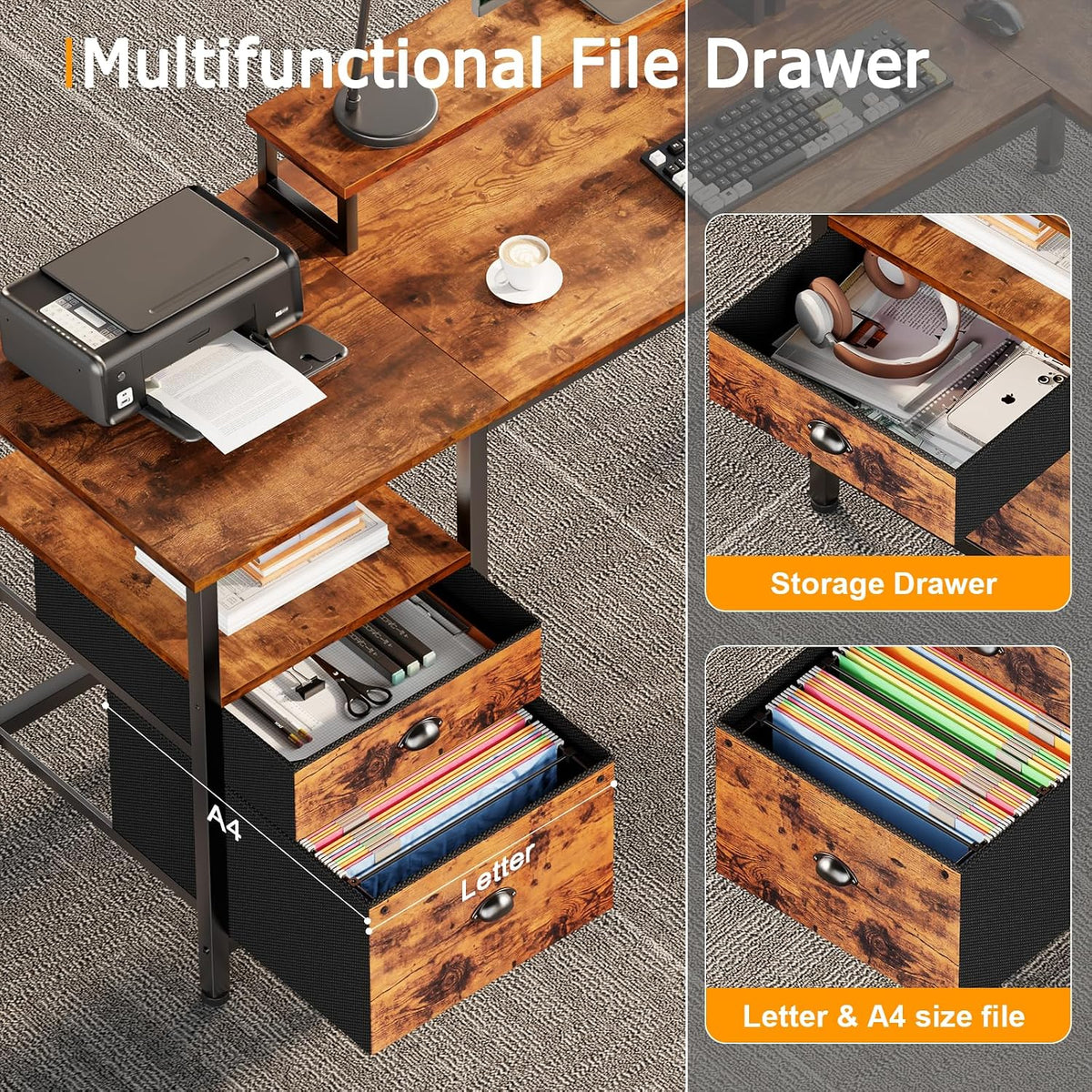 66'' L Shaped Desk with Power Outlet and 2 Drawers, Rustic Brown