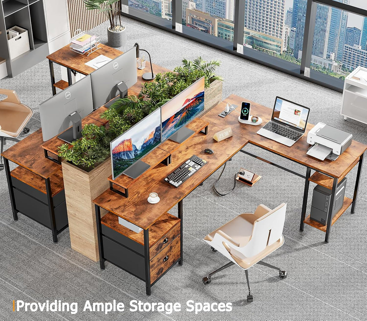 66'' L Shaped Desk with Power Outlet and 2 Drawers, Rustic Brown