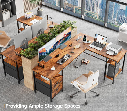 66'' L Shaped Desk with Power Outlet and 2 Drawers, Rustic Brown