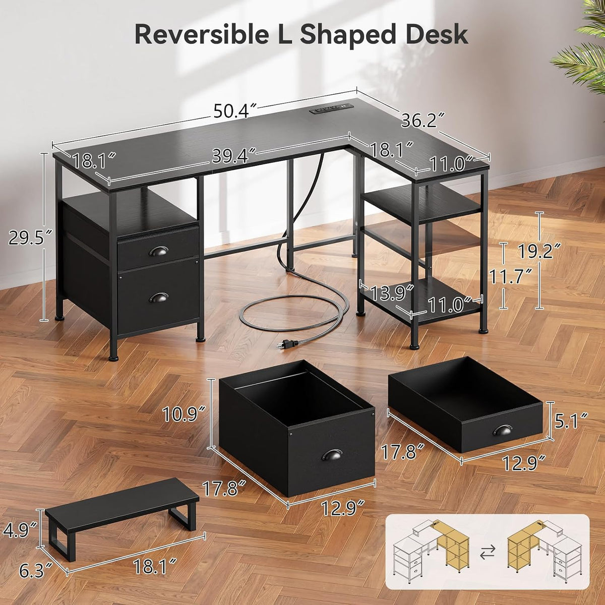 66'' L Shaped Desk with Power Outlet and 2 Drawers, Rustic Brown