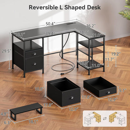 66'' L Shaped Desk with Power Outlet and 2 Drawers, Rustic Brown