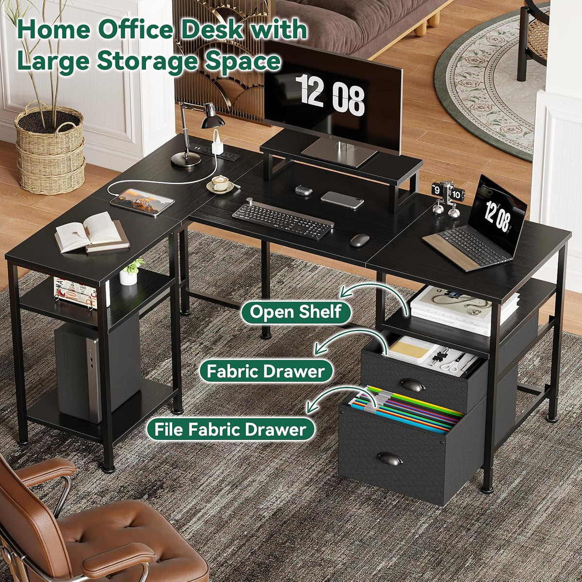 66'' L Shaped Desk with Power Outlet and 2 Drawers, Rustic Brown