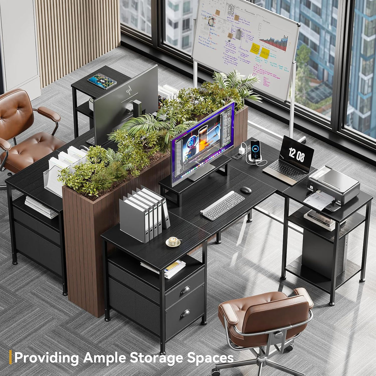66'' L Shaped Desk with Power Outlet and 2 Drawers, Rustic Brown