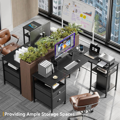 66'' L Shaped Desk with Power Outlet and 2 Drawers, Rustic Brown