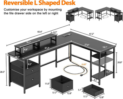 66'' L Shaped Desk with Power Outlet and 2 Drawers, Rustic Brown