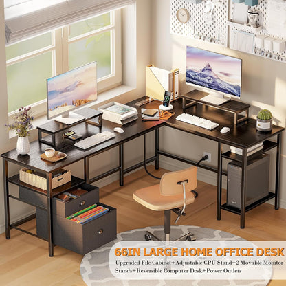 66'' L Shaped Desk with Power Outlet and 2 Drawers, Rustic Brown