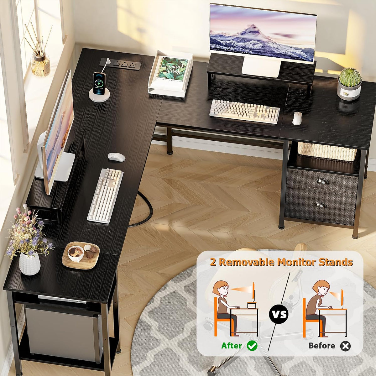66'' L Shaped Desk with Power Outlet and 2 Drawers, Rustic Brown