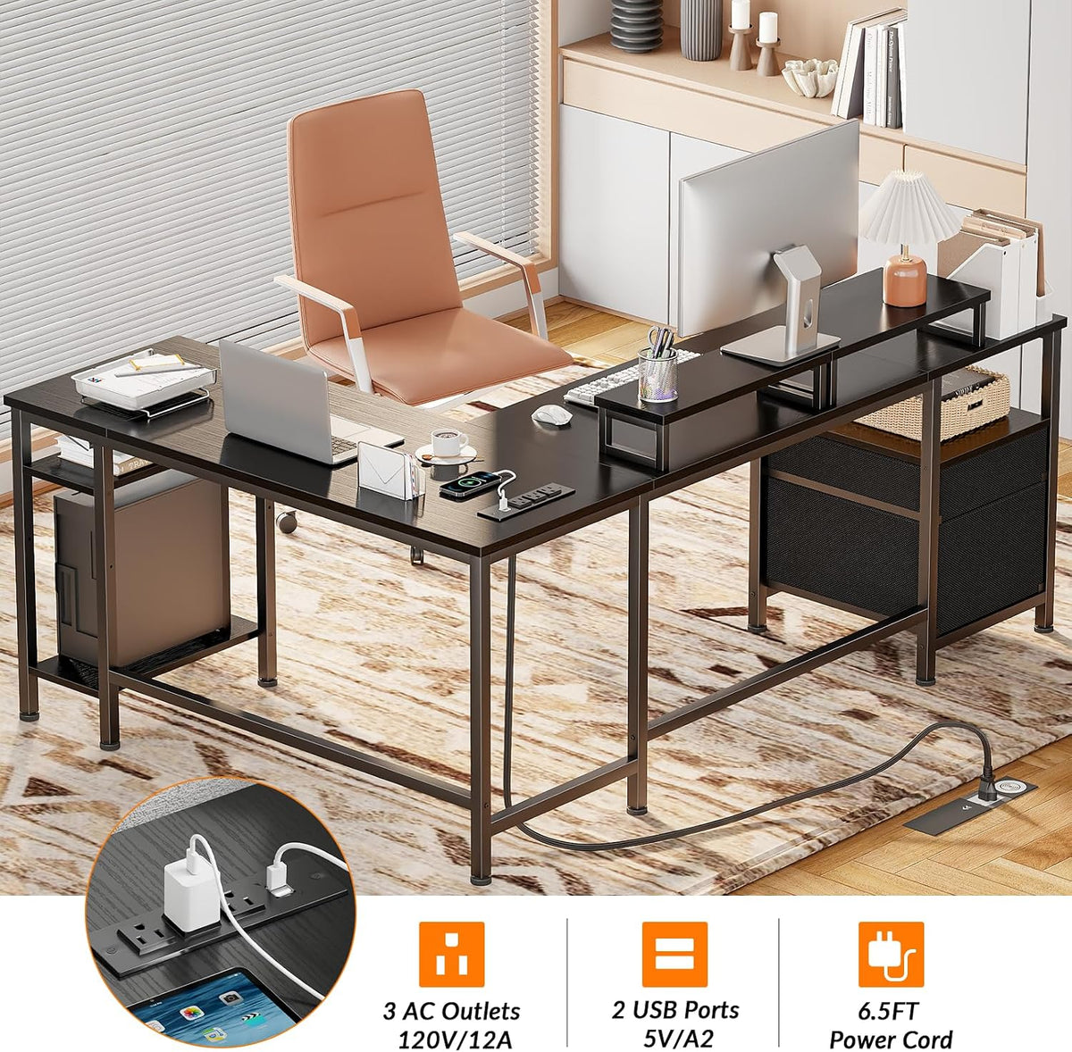 66'' L Shaped Desk with Power Outlet and 2 Drawers, Rustic Brown