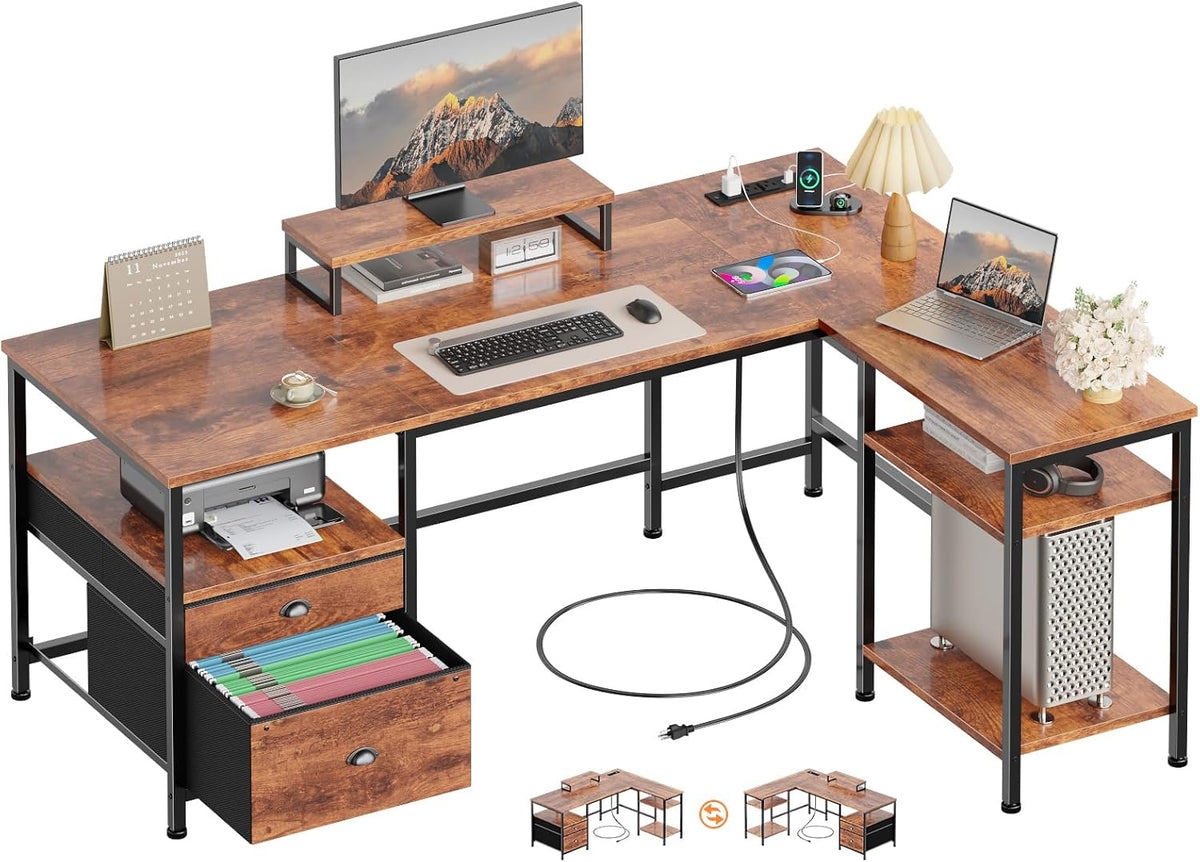 66'' L Shaped Desk with Power Outlet and 2 Drawers, Rustic Brown