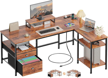 66'' L Shaped Desk with Power Outlet and 2 Drawers, Rustic Brown
