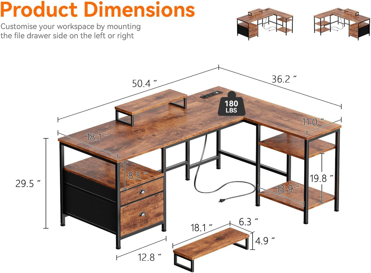 66'' L Shaped Desk with Power Outlet and 2 Drawers, Rustic Brown