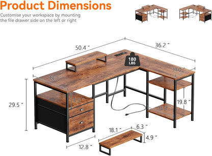66'' L Shaped Desk with Power Outlet and 2 Drawers, Rustic Brown