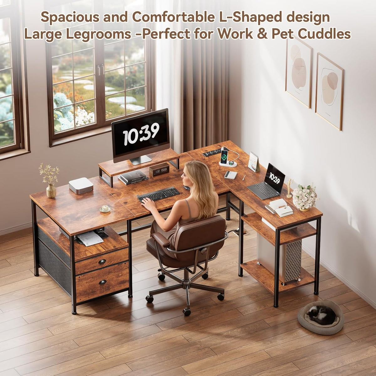 66'' L Shaped Desk with Power Outlet and 2 Drawers, Rustic Brown