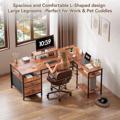 66'' L Shaped Desk with Power Outlet and 2 Drawers, Rustic Brown