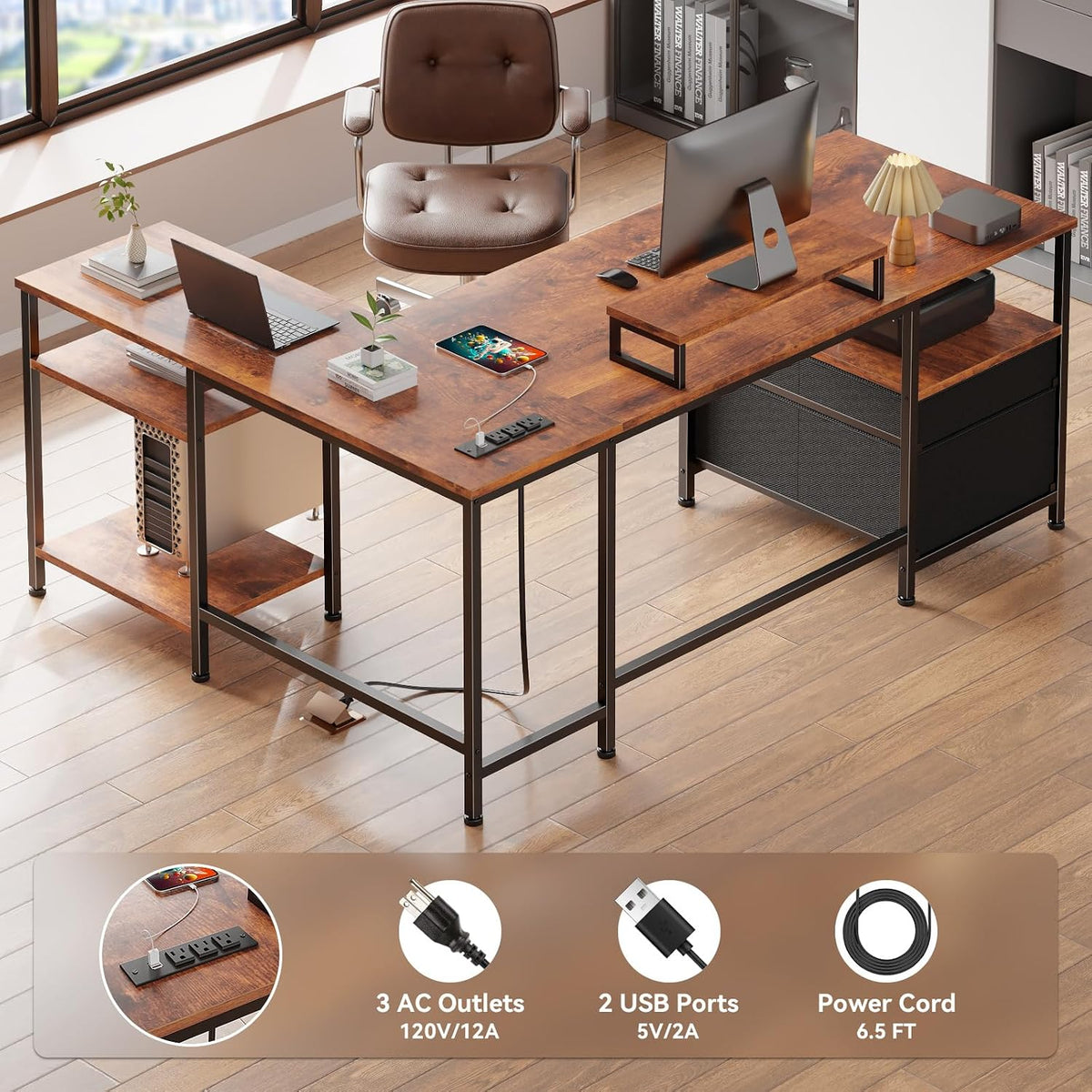 66'' L Shaped Desk with Power Outlet and 2 Drawers, Rustic Brown