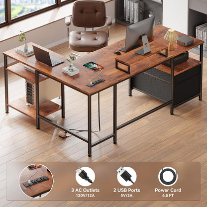 66'' L Shaped Desk with Power Outlet and 2 Drawers, Rustic Brown