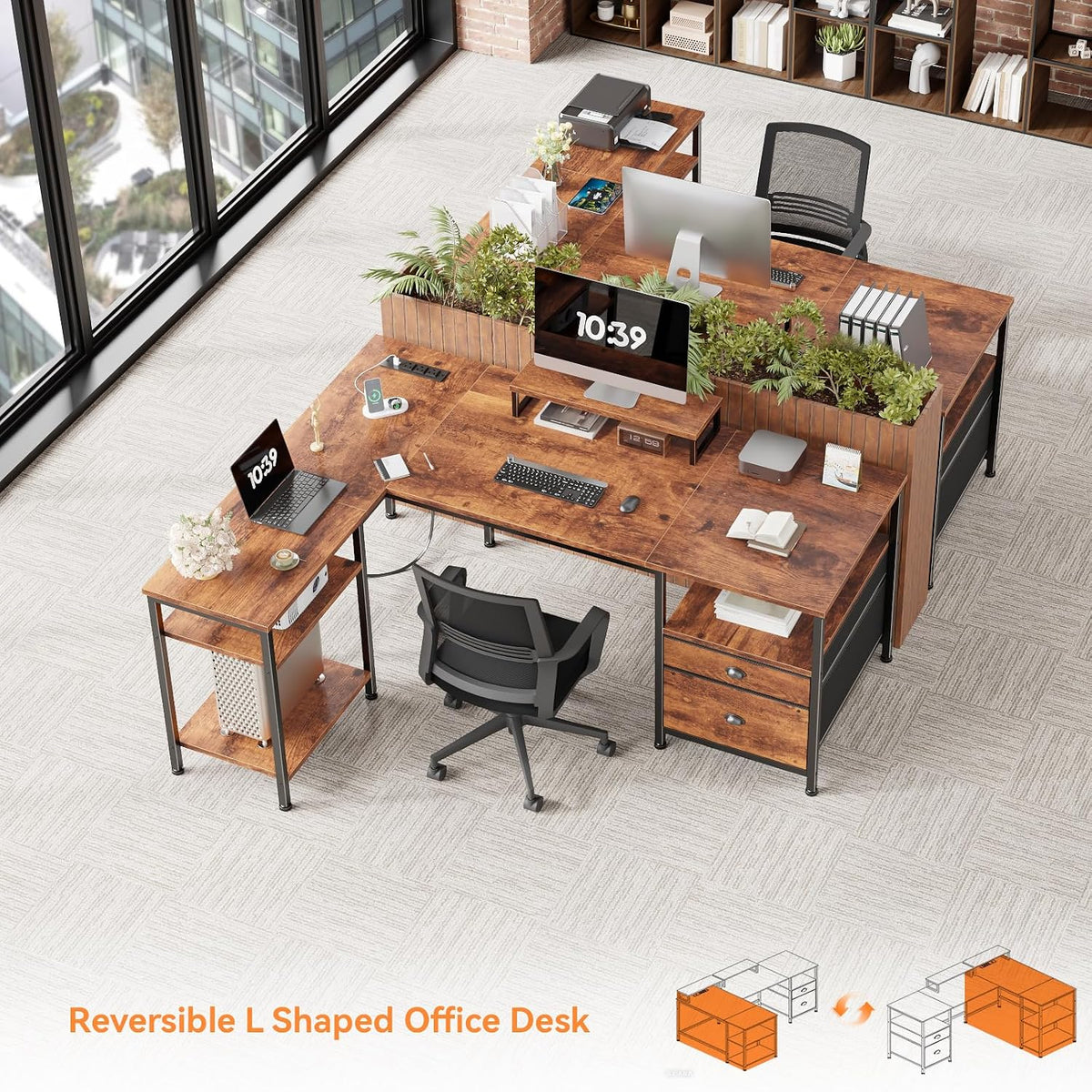 66'' L Shaped Desk with Power Outlet and 2 Drawers, Rustic Brown