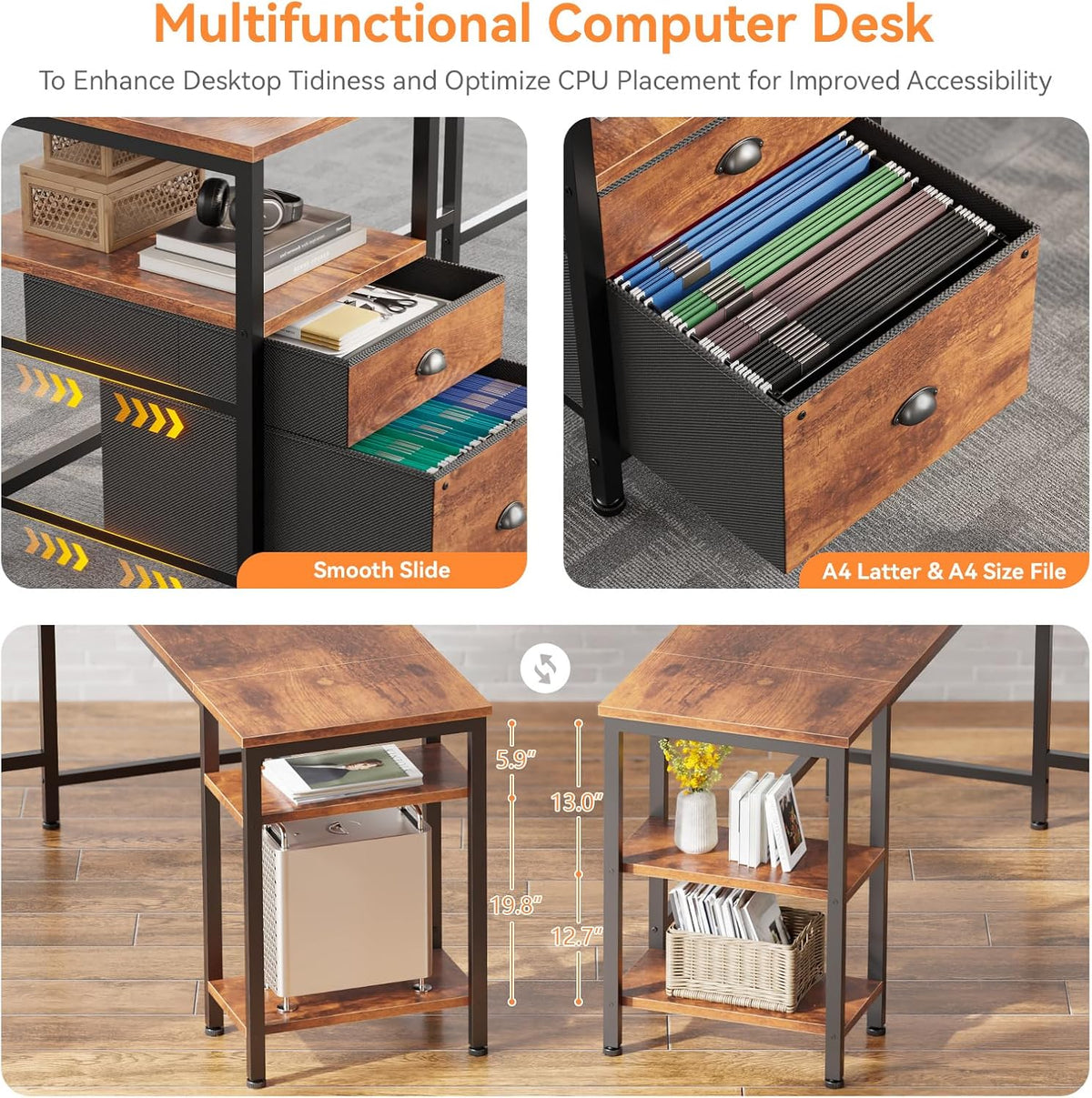 66'' L Shaped Desk with Power Outlet and 2 Drawers, Rustic Brown