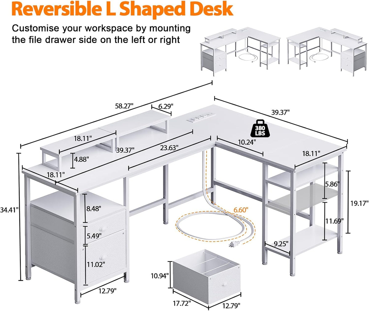66'' L Shaped Desk with Power Outlet and 2 Drawers, Rustic Brown
