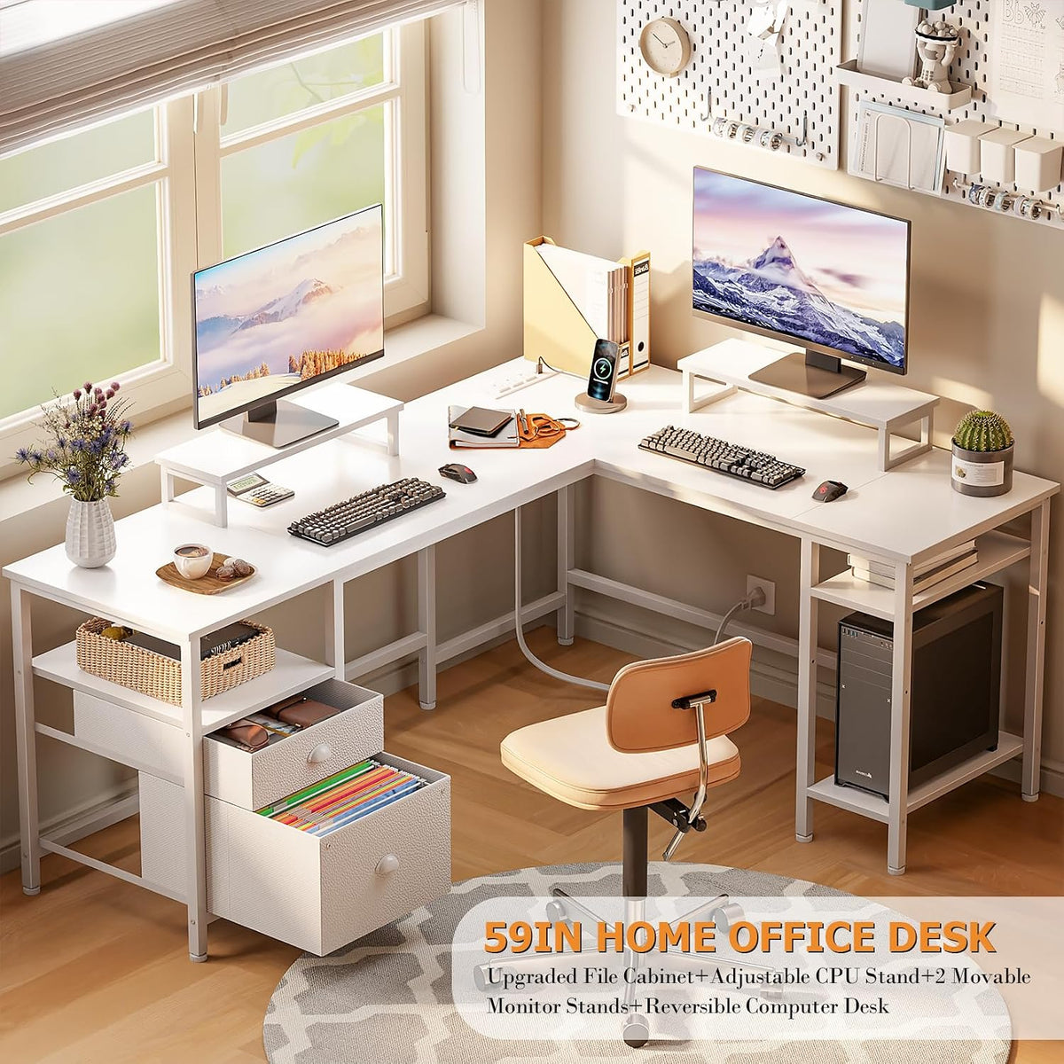 66'' L Shaped Desk with Power Outlet and 2 Drawers, Rustic Brown