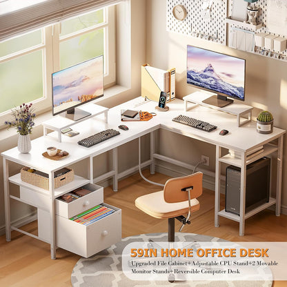 66'' L Shaped Desk with Power Outlet and 2 Drawers, Rustic Brown