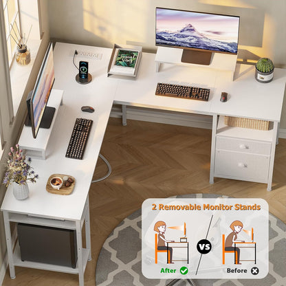 66'' L Shaped Desk with Power Outlet and 2 Drawers, Rustic Brown
