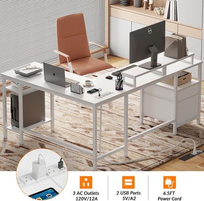 66'' L Shaped Desk with Power Outlet and 2 Drawers, Rustic Brown