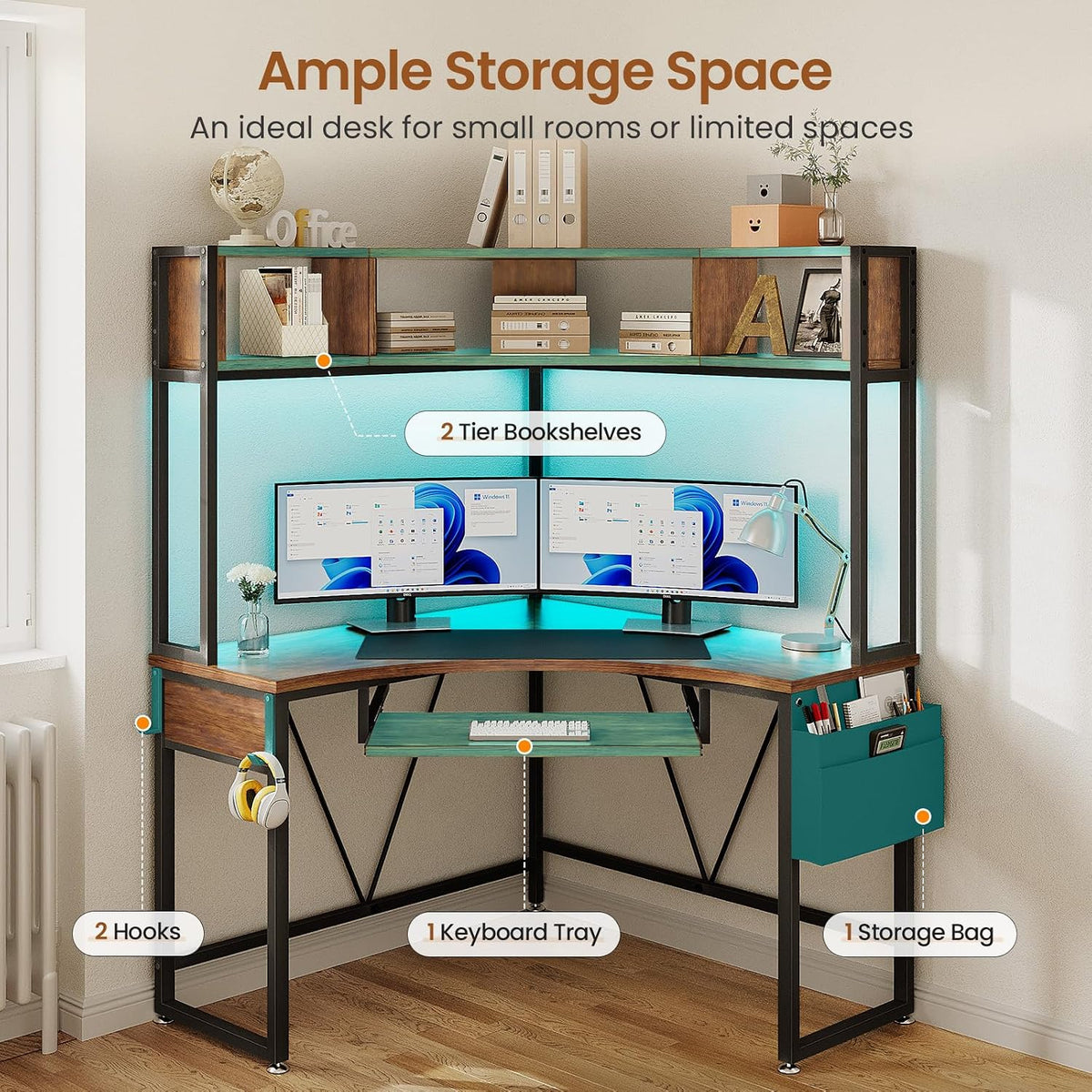 39" Spacious Corner Desk with Hutch, Storage for Small Space