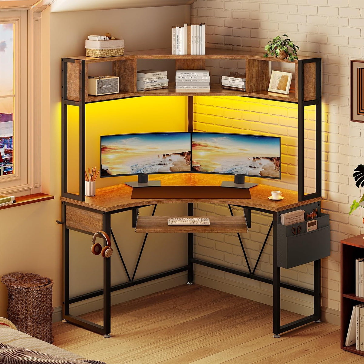 39" Spacious Corner Desk with Hutch, Storage for Small Space
