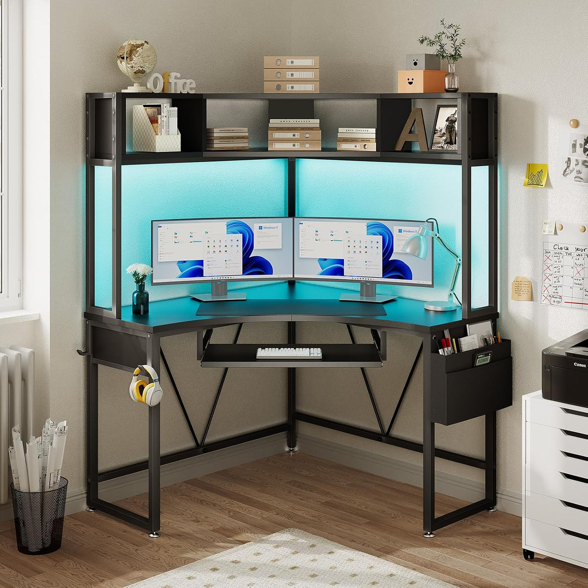 39" Spacious Corner Desk with Hutch, Storage for Small Space