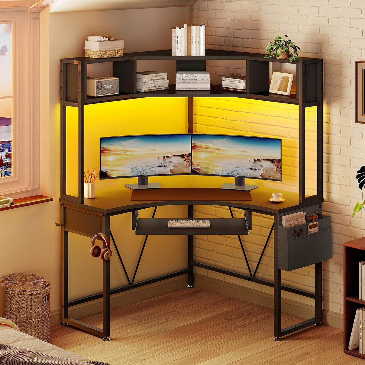 39" Spacious Corner Desk with Hutch, Storage for Small Space