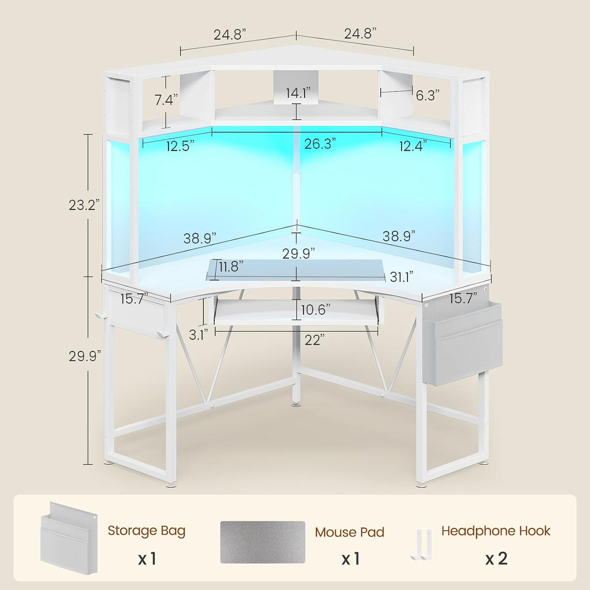 39" Spacious Corner Desk with Hutch, Storage for Small Space