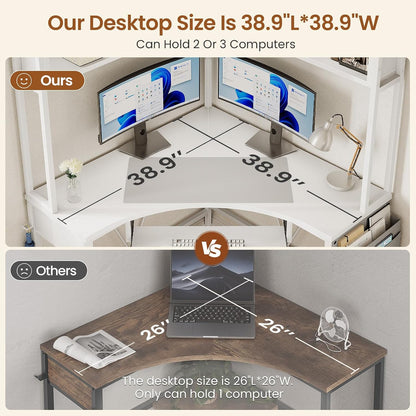 39" Spacious Corner Desk with Hutch, Storage for Small Space