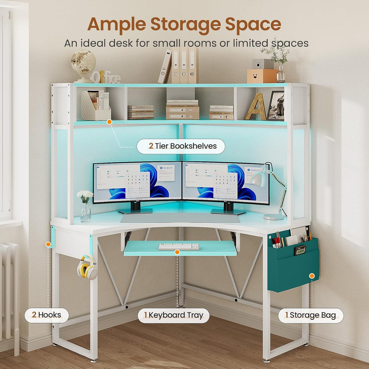 39" Spacious Corner Desk with Hutch, Storage for Small Space