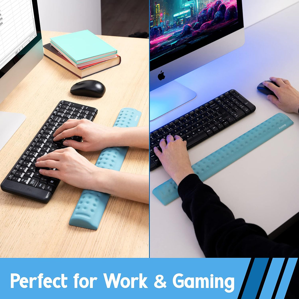Memory Foam Keyboard Wrist Rest - Pain-Reducing, Non-Slip Rubber Base Wrists Rest Support - Cooling Ergonomic Laptop & Computer Keyboard Pad for Long Hours of Work, Studying, Gaming - Black
