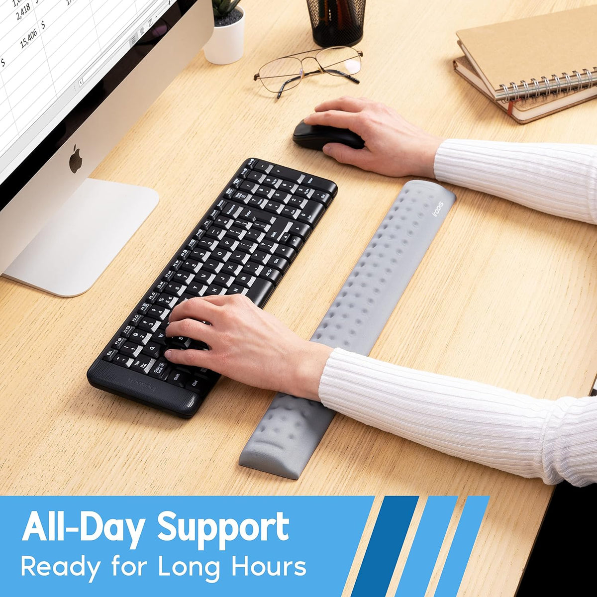 Memory Foam Keyboard Wrist Rest - Pain-Reducing, Non-Slip Rubber Base Wrists Rest Support - Cooling Ergonomic Laptop & Computer Keyboard Pad for Long Hours of Work, Studying, Gaming - Black