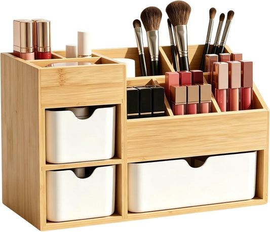 Bamboo Makeup Organizer, 3 Drawers & Adjustable Dividers