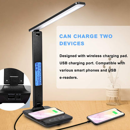LED Desk Lamp with Wireless Charger, Suitable for Home, Office Dimmable, with USB Charging Port, Built-in Clock, Calendar, Thermometer and Automatic Timing Reading Desk Lamp.