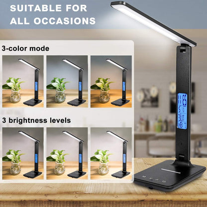 LED Desk Lamp with Wireless Charger, Suitable for Home, Office Dimmable, with USB Charging Port, Built-in Clock, Calendar, Thermometer and Automatic Timing Reading Desk Lamp.