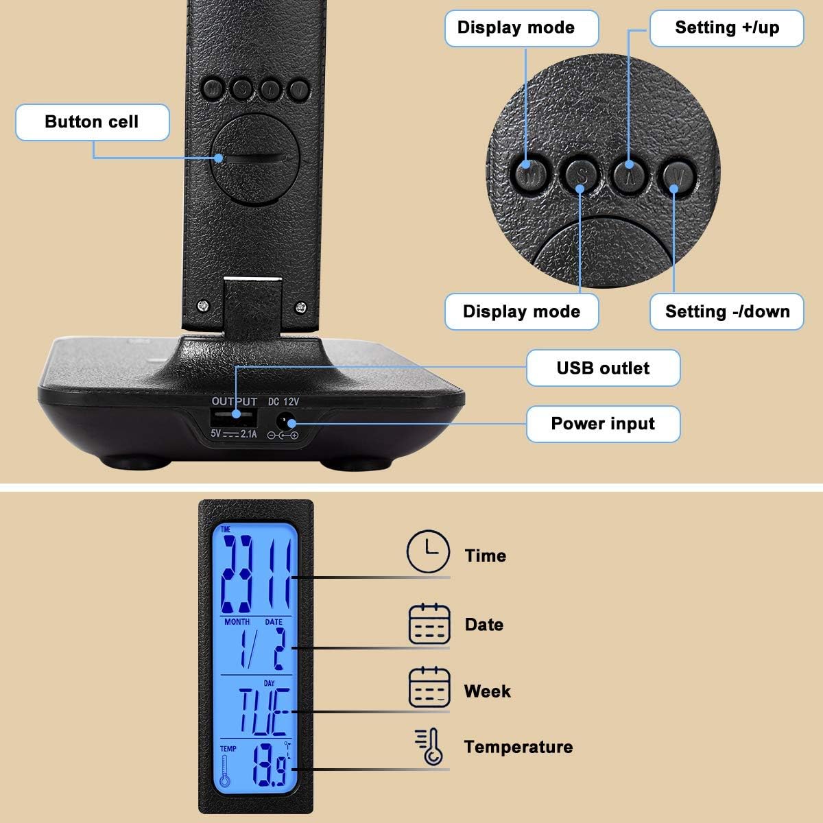 LED Desk Lamp with Wireless Charger, Suitable for Home, Office Dimmable, with USB Charging Port, Built-in Clock, Calendar, Thermometer and Automatic Timing Reading Desk Lamp.