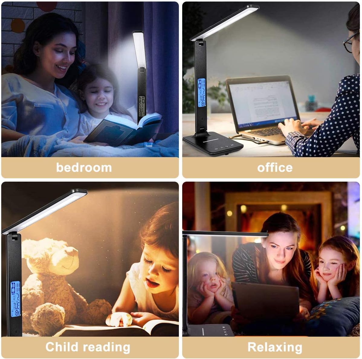 LED Desk Lamp with Wireless Charger, Suitable for Home, Office Dimmable, with USB Charging Port, Built-in Clock, Calendar, Thermometer and Automatic Timing Reading Desk Lamp.