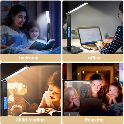 LED Desk Lamp with Wireless Charger, Suitable for Home, Office Dimmable, with USB Charging Port, Built-in Clock, Calendar, Thermometer and Automatic Timing Reading Desk Lamp.