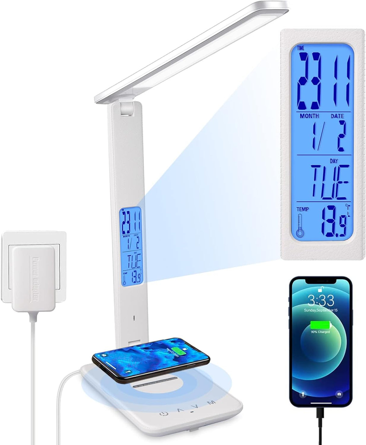 LED Desk Lamp with Wireless Charger, Suitable for Home, Office Dimmable, with USB Charging Port, Built-in Clock, Calendar, Thermometer and Automatic Timing Reading Desk Lamp.