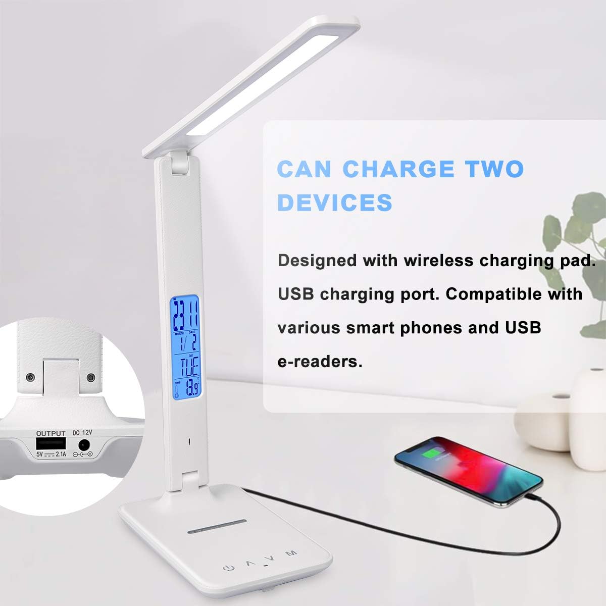 LED Desk Lamp with Wireless Charger, Suitable for Home, Office Dimmable, with USB Charging Port, Built-in Clock, Calendar, Thermometer and Automatic Timing Reading Desk Lamp.