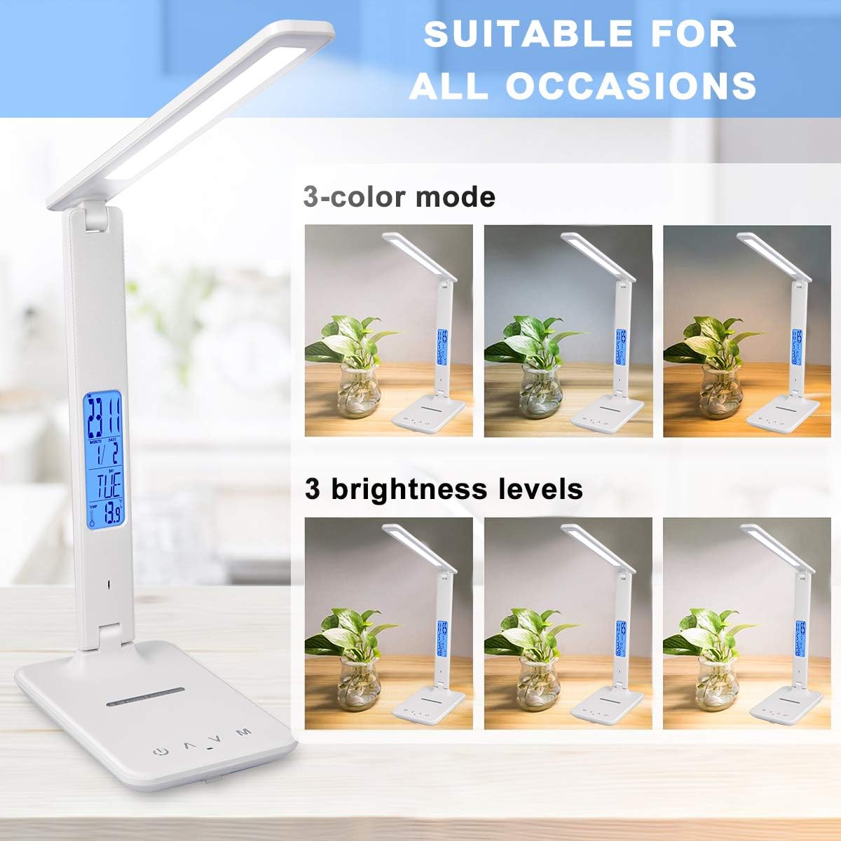 LED Desk Lamp with Wireless Charger, Suitable for Home, Office Dimmable, with USB Charging Port, Built-in Clock, Calendar, Thermometer and Automatic Timing Reading Desk Lamp.