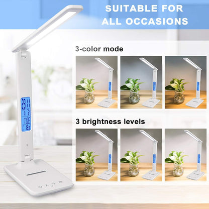 LED Desk Lamp with Wireless Charger, Suitable for Home, Office Dimmable, with USB Charging Port, Built-in Clock, Calendar, Thermometer and Automatic Timing Reading Desk Lamp.