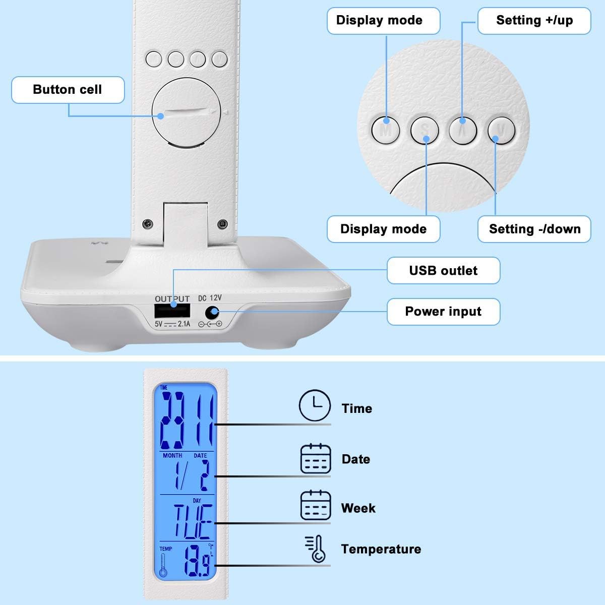 LED Desk Lamp with Wireless Charger, Suitable for Home, Office Dimmable, with USB Charging Port, Built-in Clock, Calendar, Thermometer and Automatic Timing Reading Desk Lamp.