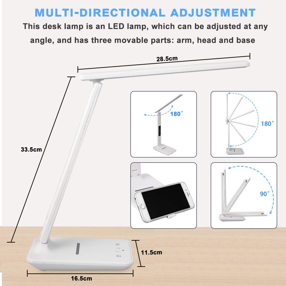 LED Desk Lamp with Wireless Charger, Suitable for Home, Office Dimmable, with USB Charging Port, Built-in Clock, Calendar, Thermometer and Automatic Timing Reading Desk Lamp.